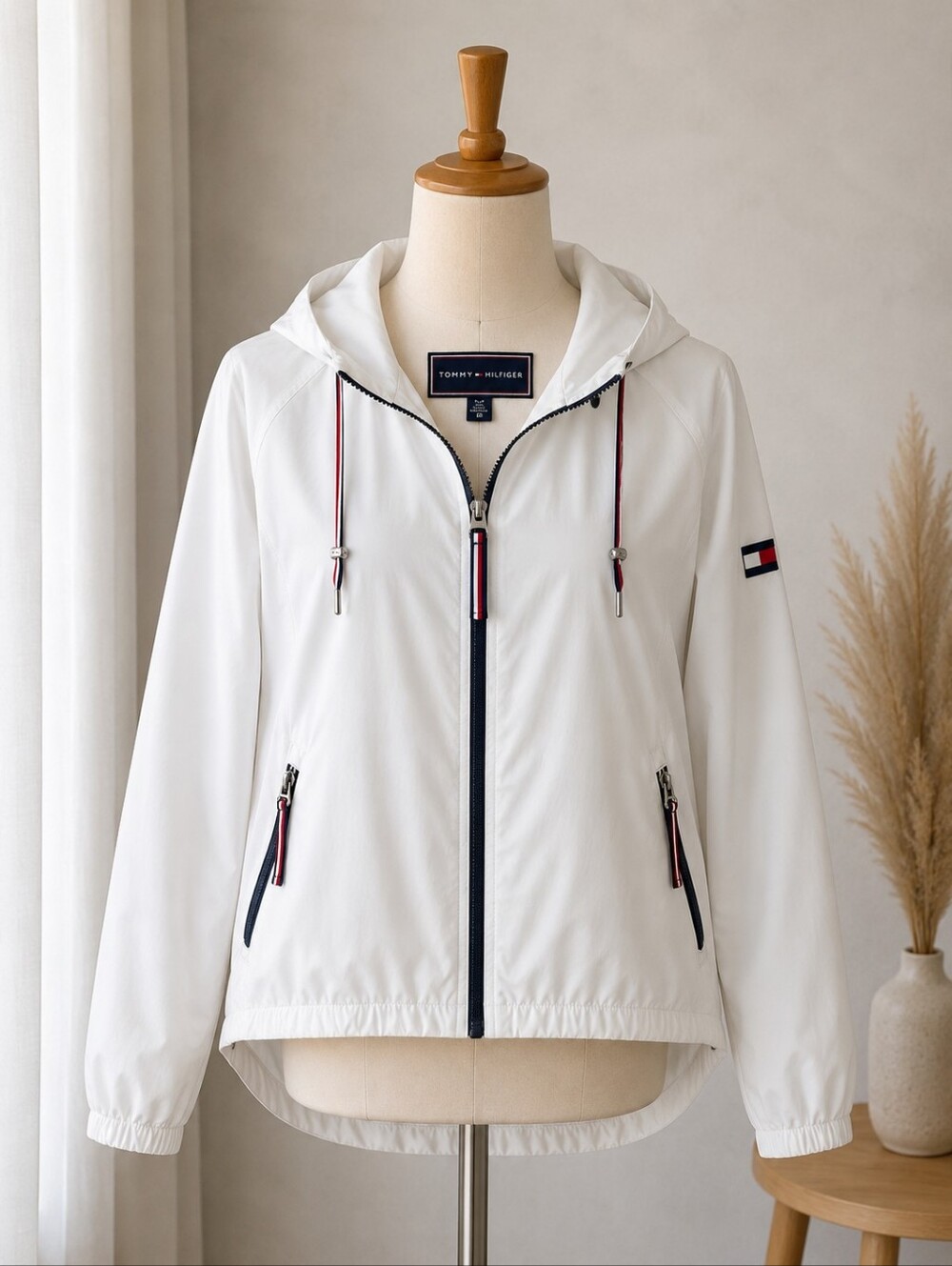 Tommy Hilfiger White Hooded Bomber Jacket with Navy Trim